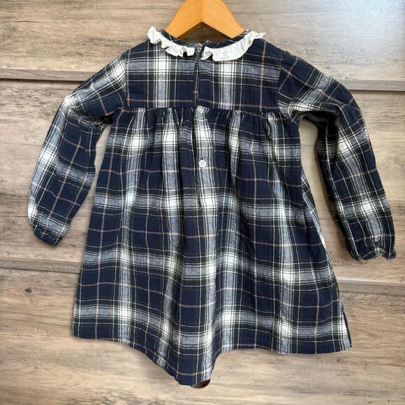 Edgehill Collection Navy White Plaid Long Sleeve Dress Ruffle Scoop Neck Collar - Picture 2 of 7